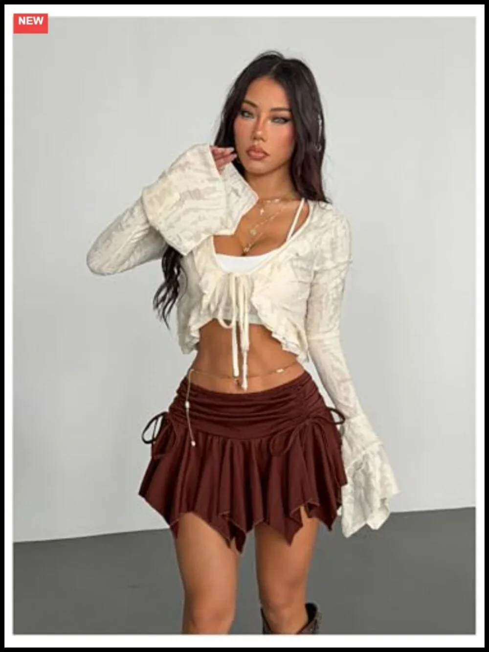Verdusa Y2K Mini Ruffle Lace Asymmetrical Boho Skirt Ruched A Line